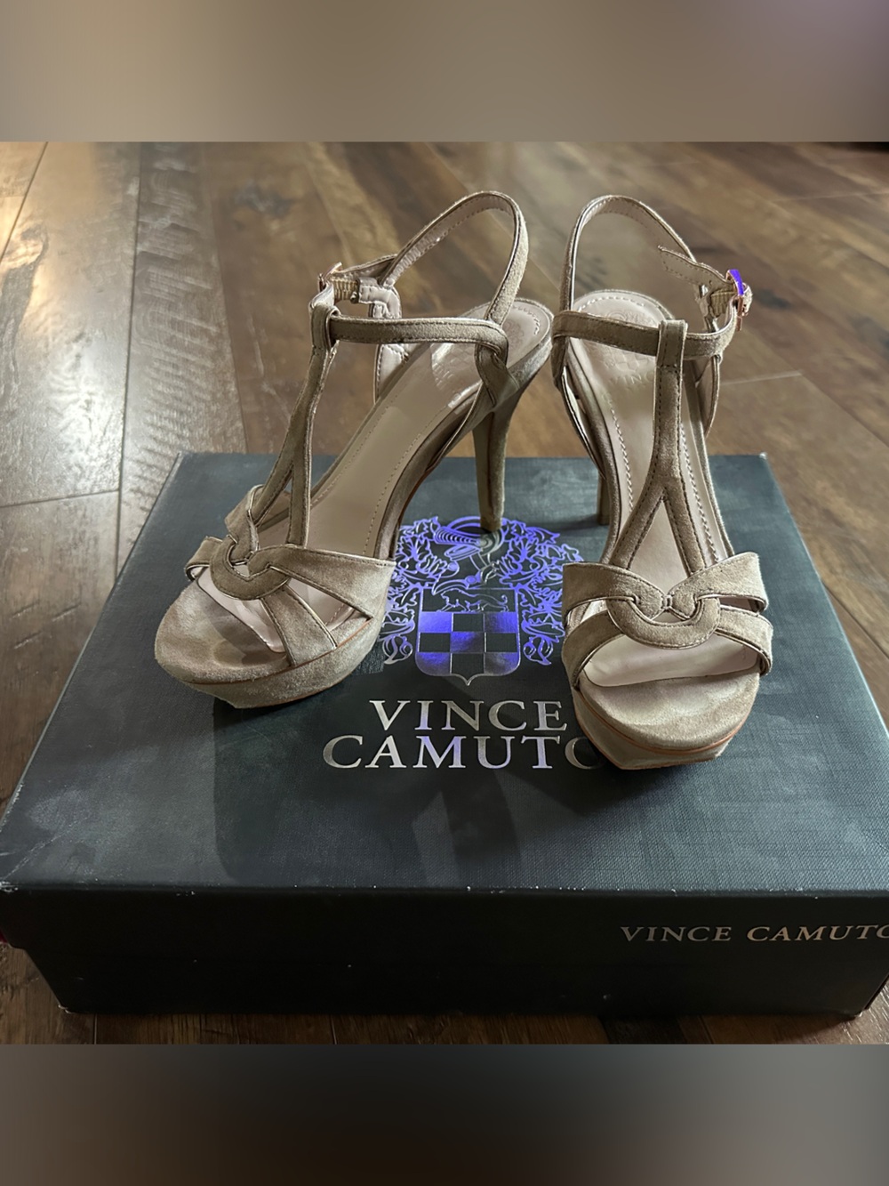 Vince Camuto Taupe Suede Knot T-Strap Stiletto Sandals